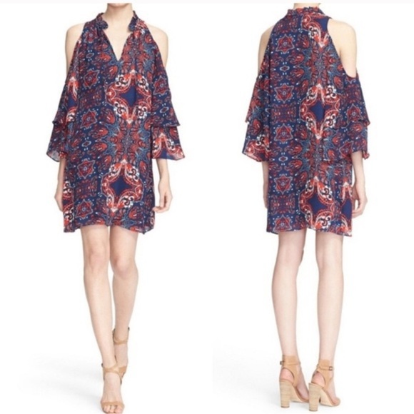 Parker Anastasia Cold-Shoulder Silk Shift Dress, Bandana Sz M - Picture 1 of 16